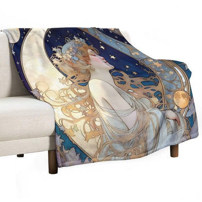 Celestial Dreams Alphonse Mucha Inspired Moon And Stars Plush Throw Blanket