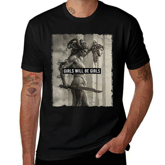 Girl Will Be Girls S Medusa Feminist Women Ribbed Collar T-Shirt
