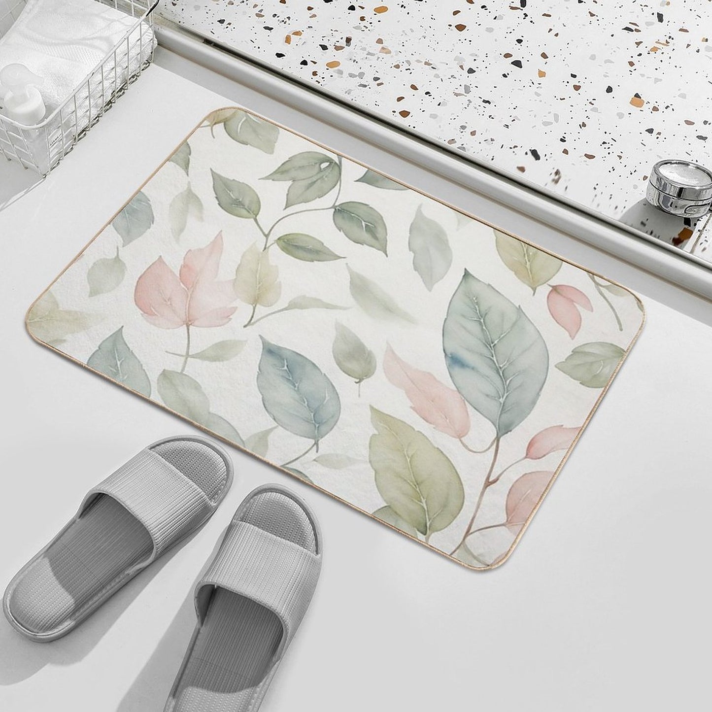 A Seamless Pattern Featuring Delicate Watercolor-style Leaves, with Soft Washes of Color Blending Harmoniously.  Fade-Resistant Bath Mat