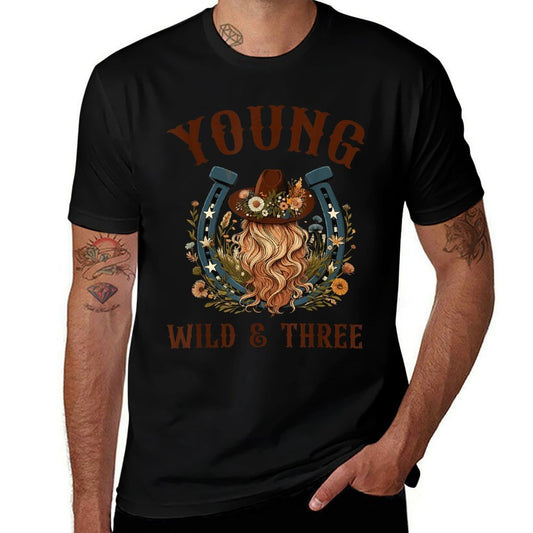 Young Wild & Three 3rd Birthday Wildflowers Western Boho  Cotton T-Shirt