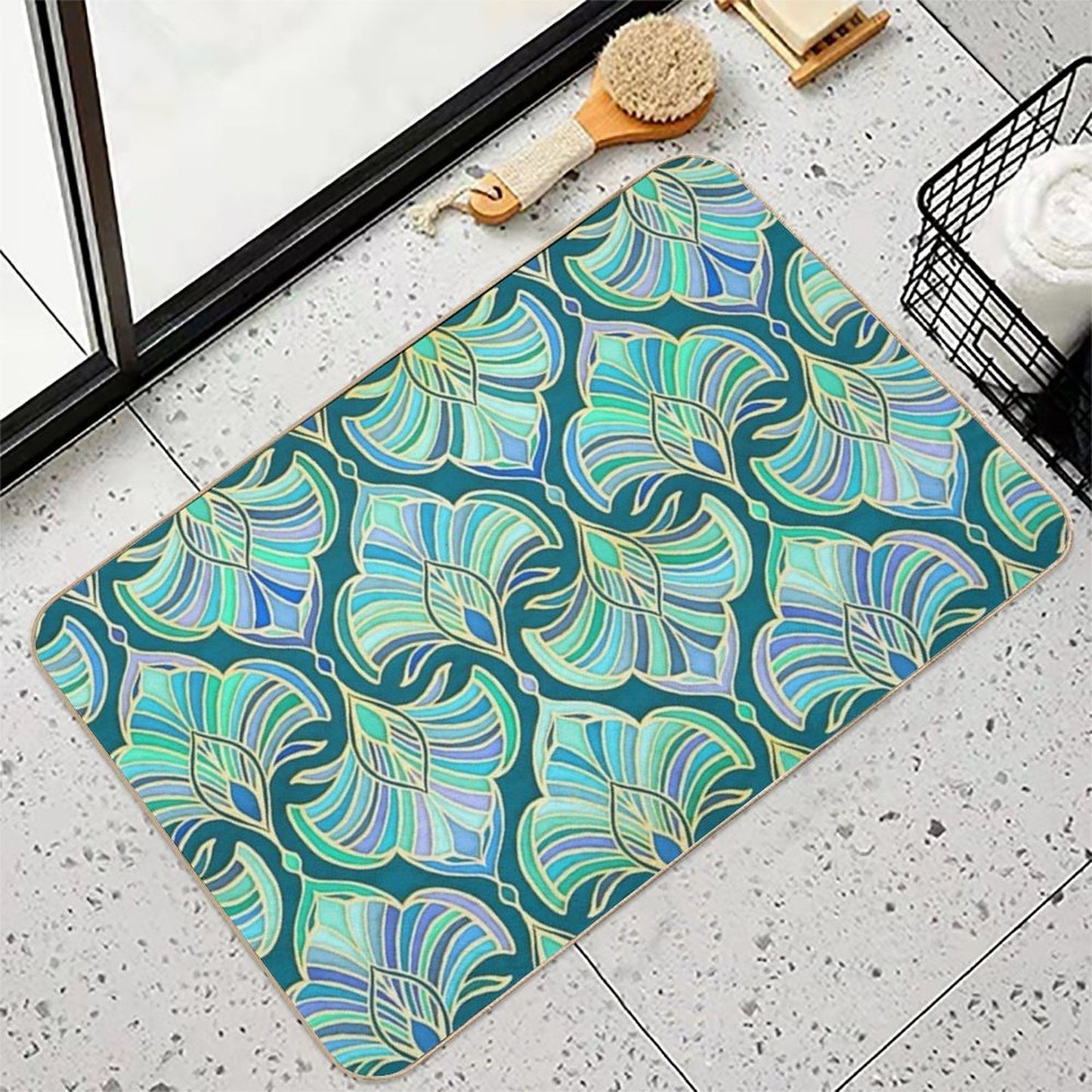 Dark Teal, Emerald And Blue Art Deco Fans  High-Traffic Bath Mat