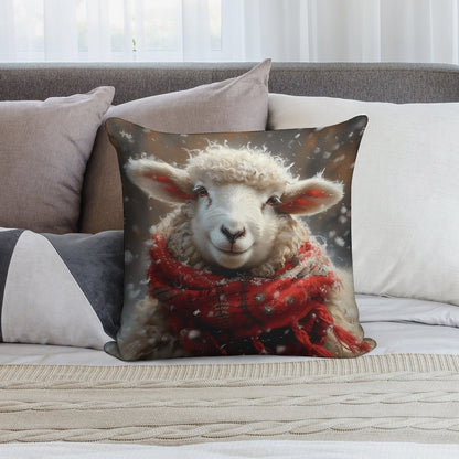 Sheep in The Snow with A Red Scarf Soft Hidden Zipper Throw Pillow
