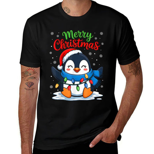 Merry Christmas Penguin Santa Hat Xmas Light Family Matching  Graphic-printed T-Shirt