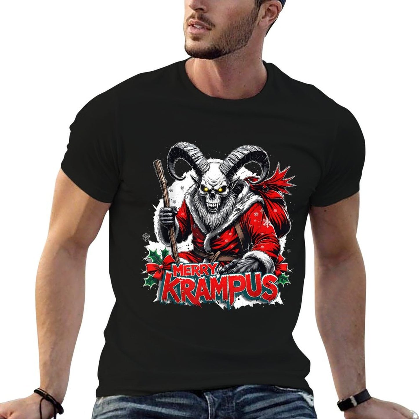 Merry Krampus Funny Creepy Christmas Horror  Rolled Sleeves T-Shirt