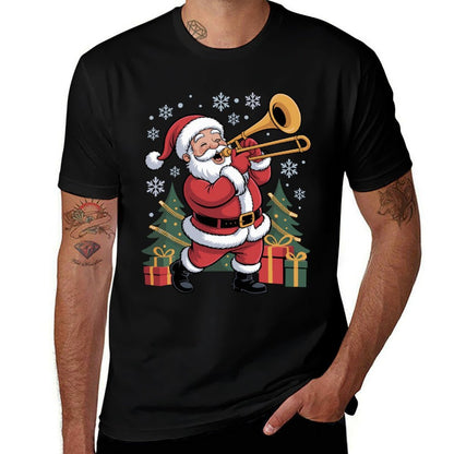 Santa Playing Trombone Funny Holiday Chrismas Xmas Pajama  Summer-ready Fabric T-Shirt