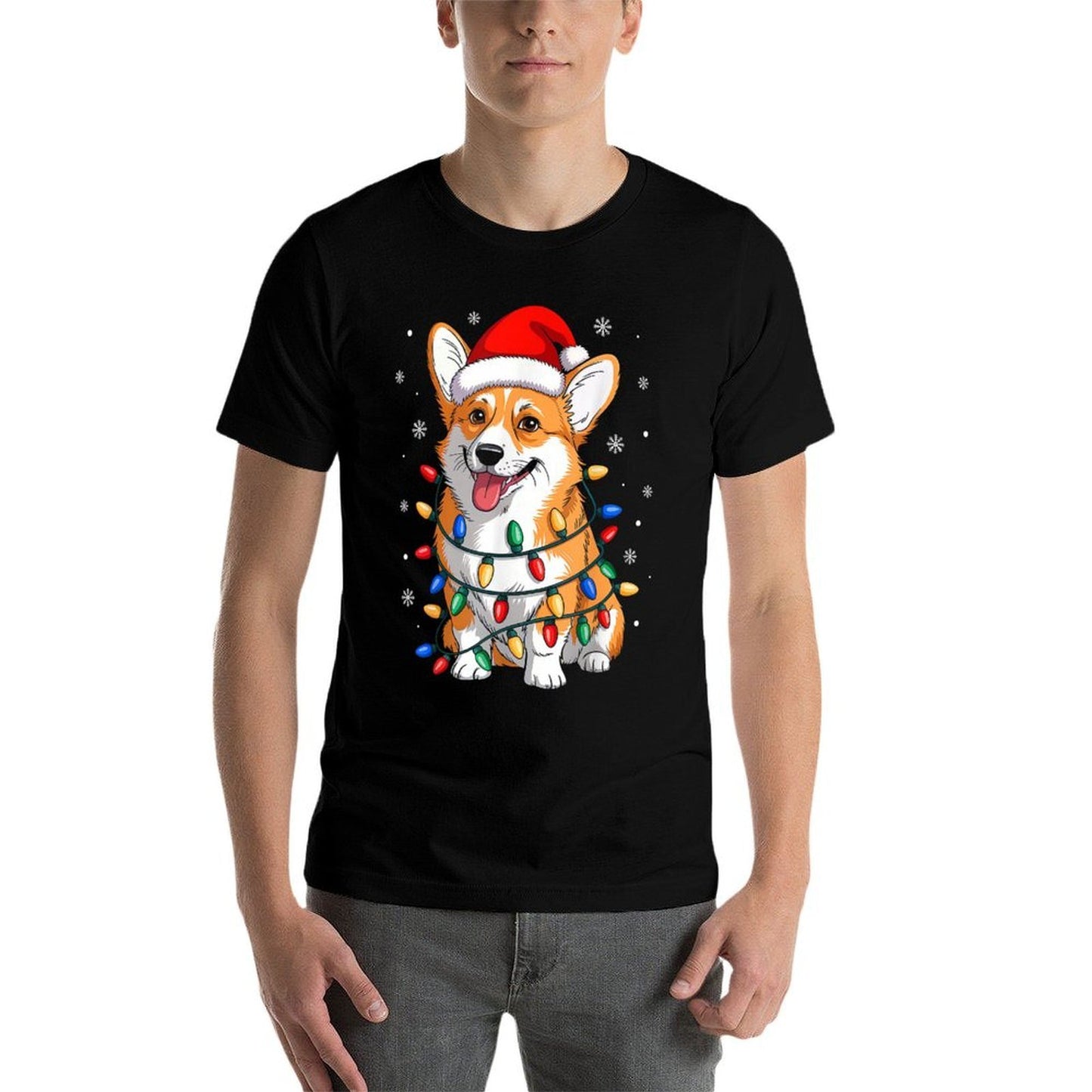 Corgi Dog Christmas Lights Santa Hat Family Xmas Pajamas  Stretchy T-Shirt