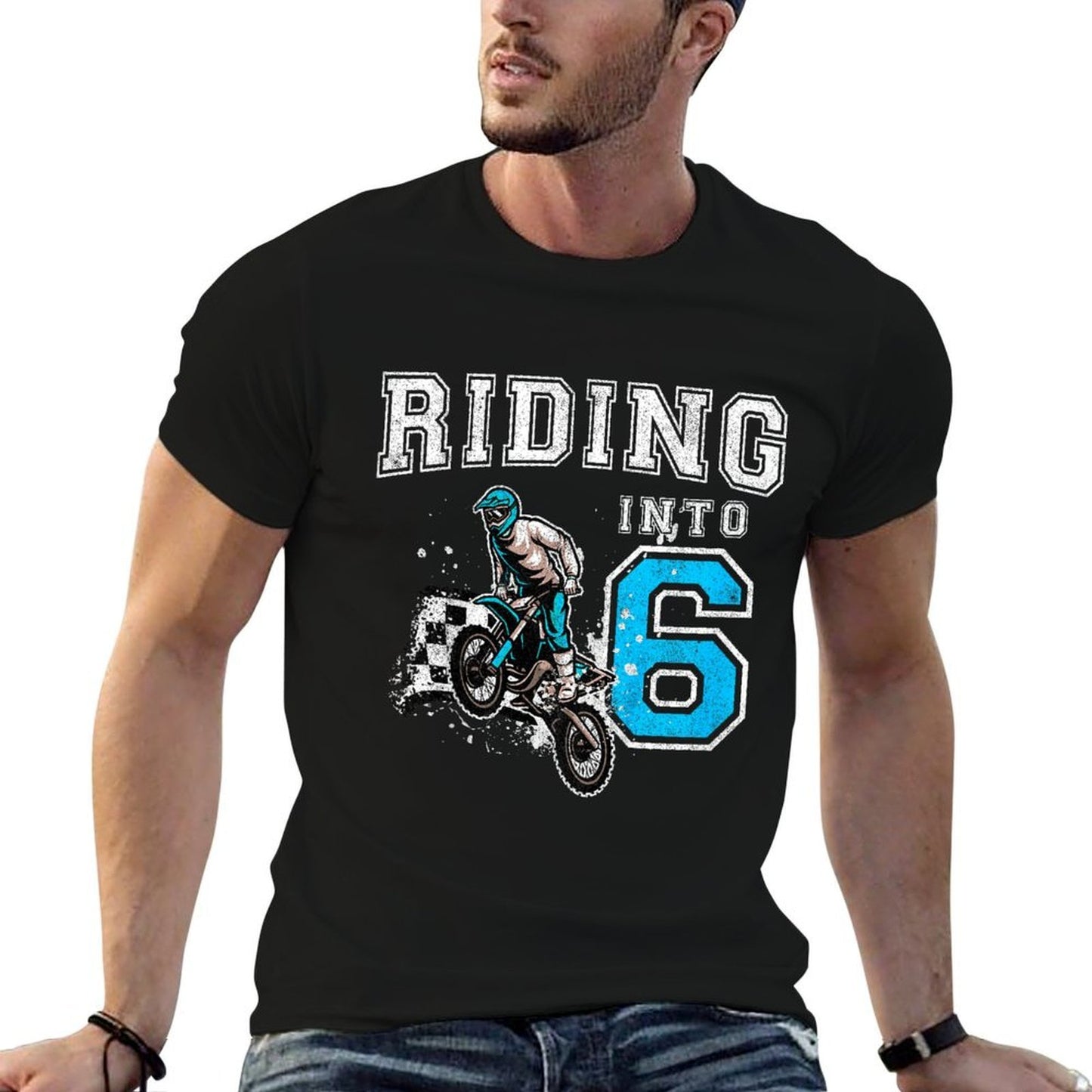 Kids Riding Into 6 Years Old 6th Birthday Boy Dirt Bike Party  Heathered Texture T-Shirt