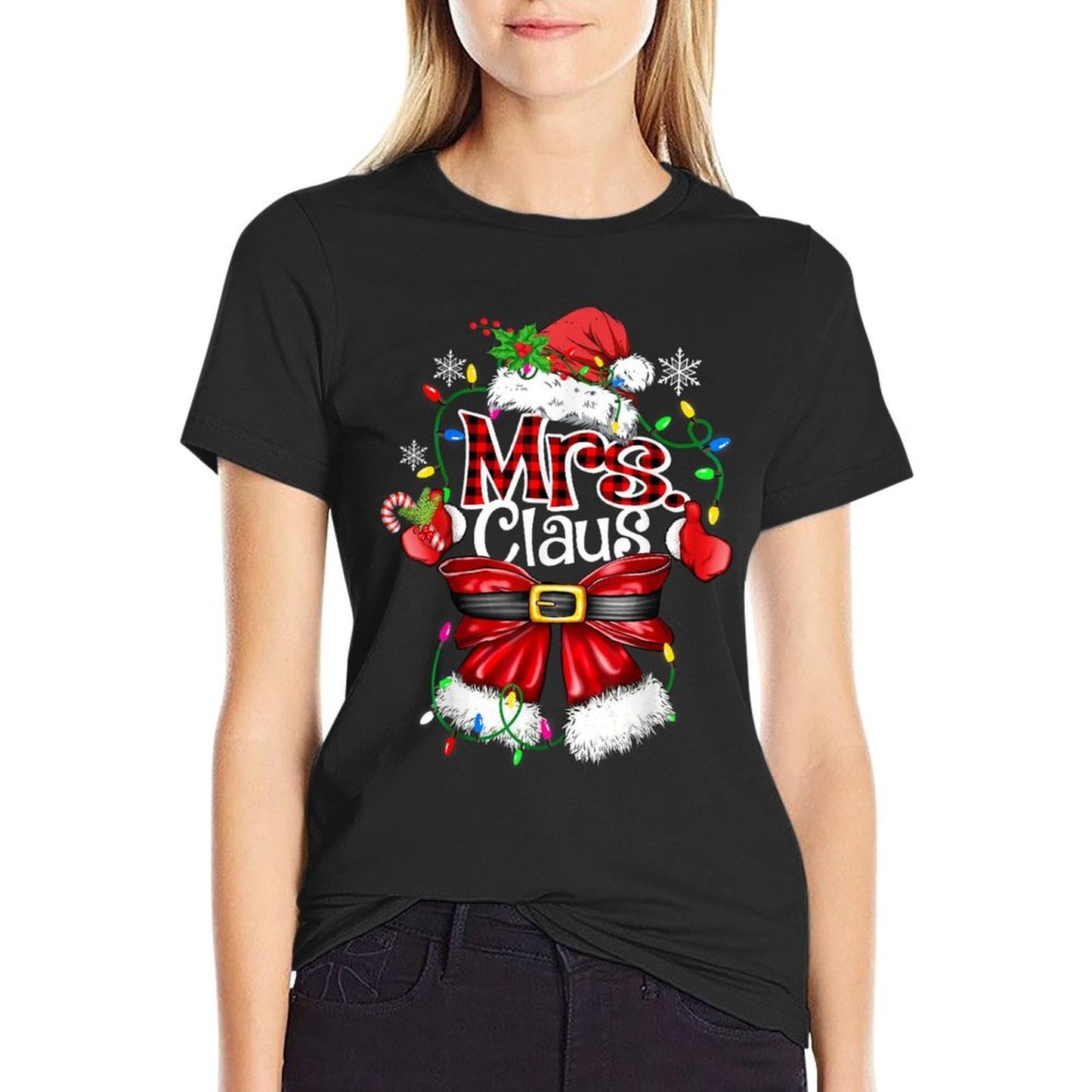 Mr And Mrs Claus Couples Santa Christmas Lights Pajamas  Polyester Blend T-Shirt