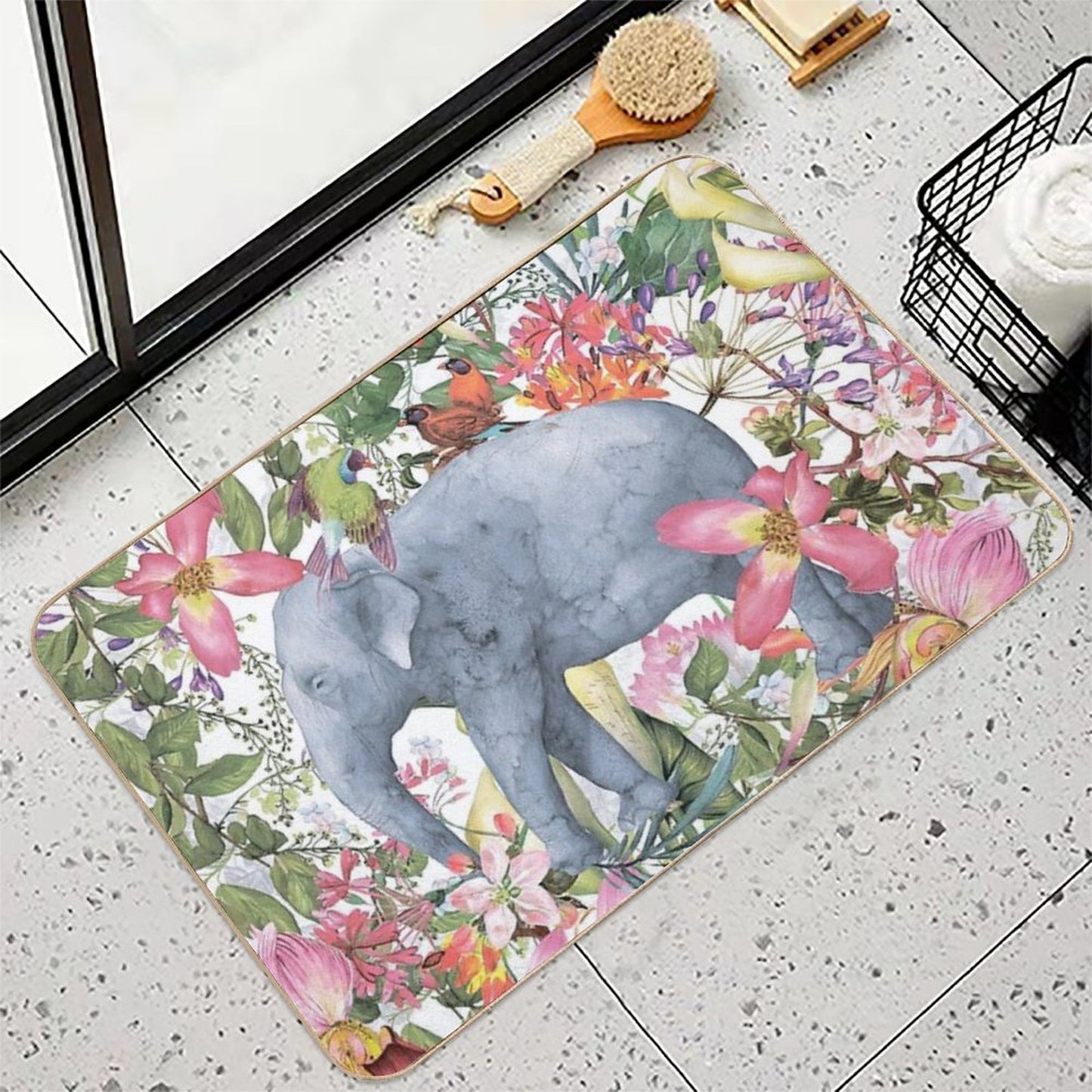 Elephant in Flower Jungle Botanical Garden  Slip-Resistant Bath Mat