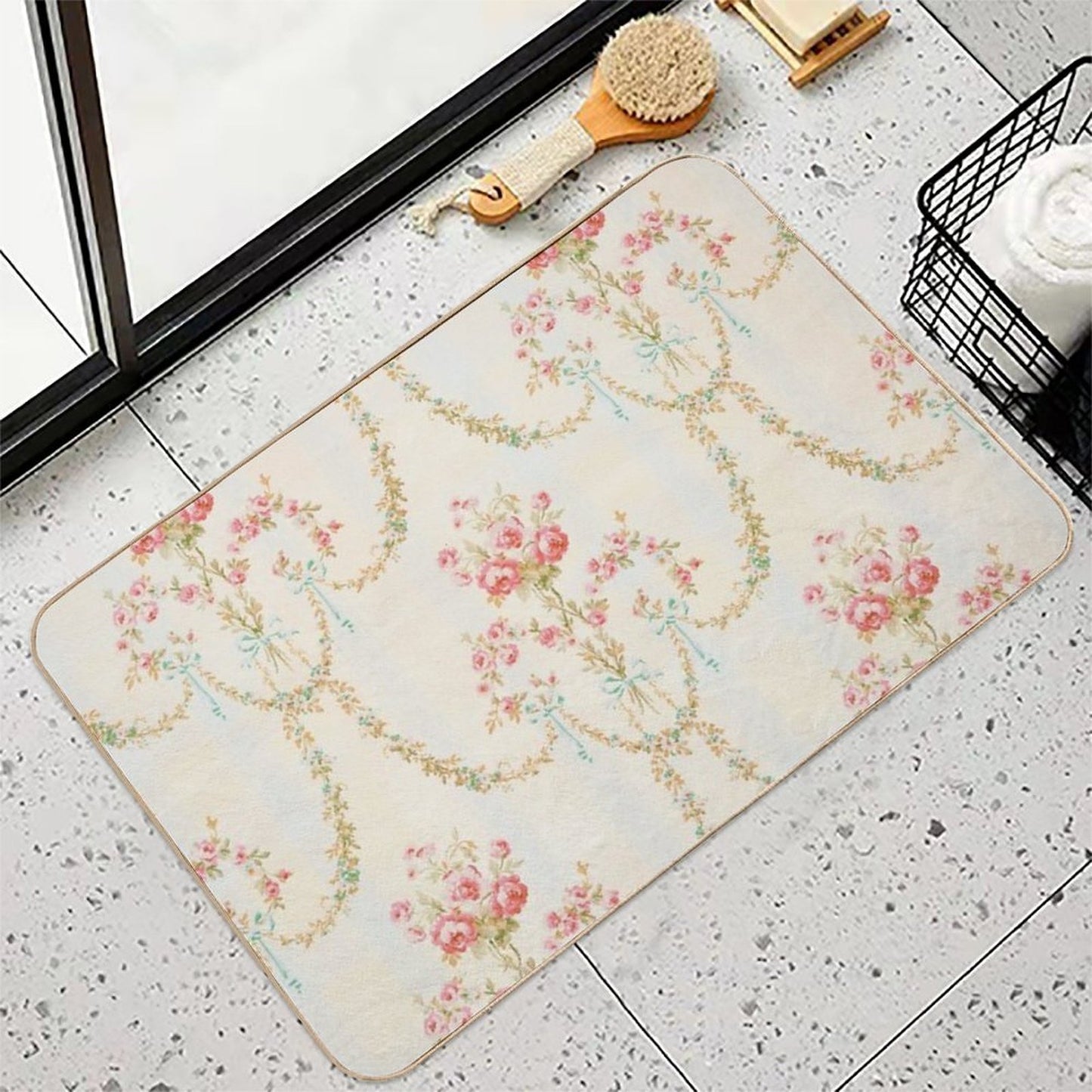 Rococo Vintage French Floral Wallpaper With Roses, Ribbons And Bows  Fade-Resistant Bath Mat