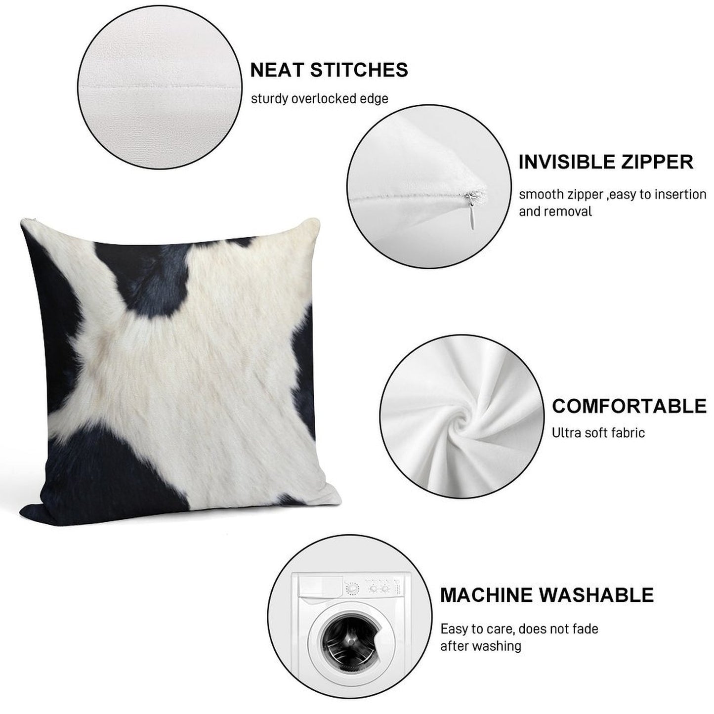 Faux Cowhide Black And White Soft High-Density Material Throw Pillow