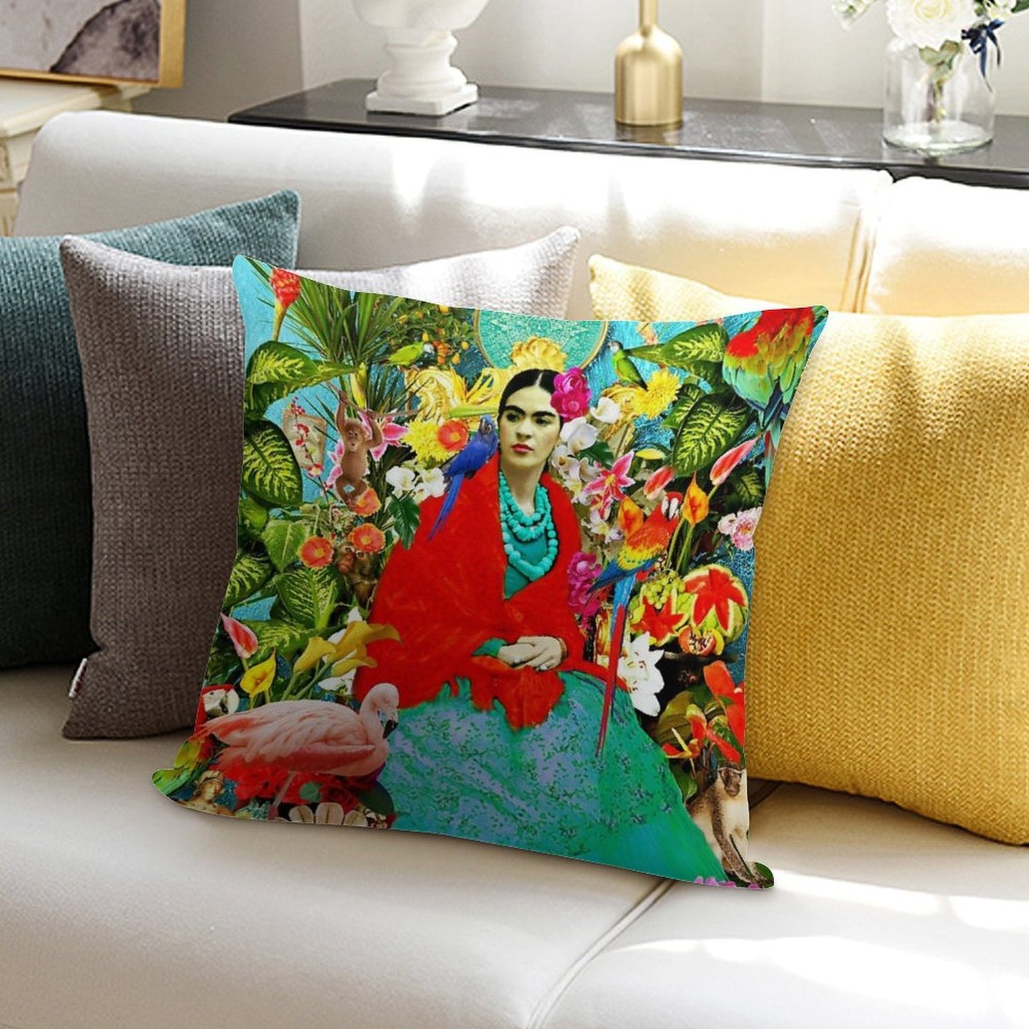 Frida Kahlo with Mexican Animals, Plants, Birds Soft Warmth Comfort Throw Pillow