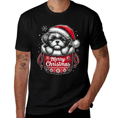 Merry Christmas Shih Tzu Graphic  Summer-ready Fabric T-Shirt