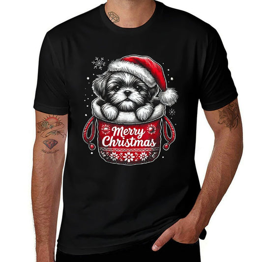 Merry Christmas Shih Tzu Graphic  Summer-ready Fabric T-Shirt