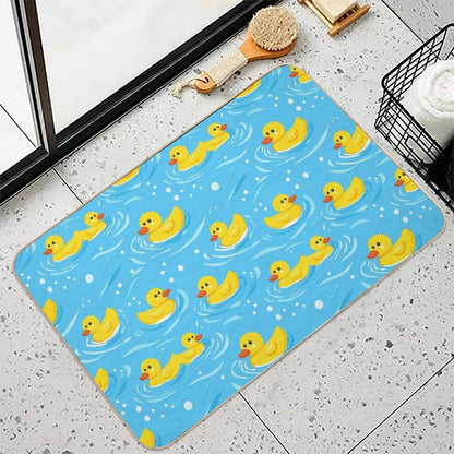 Playful Rubber Duck Seamless Pattern on Blue Water Background  Fade-Resistant Bath Mat