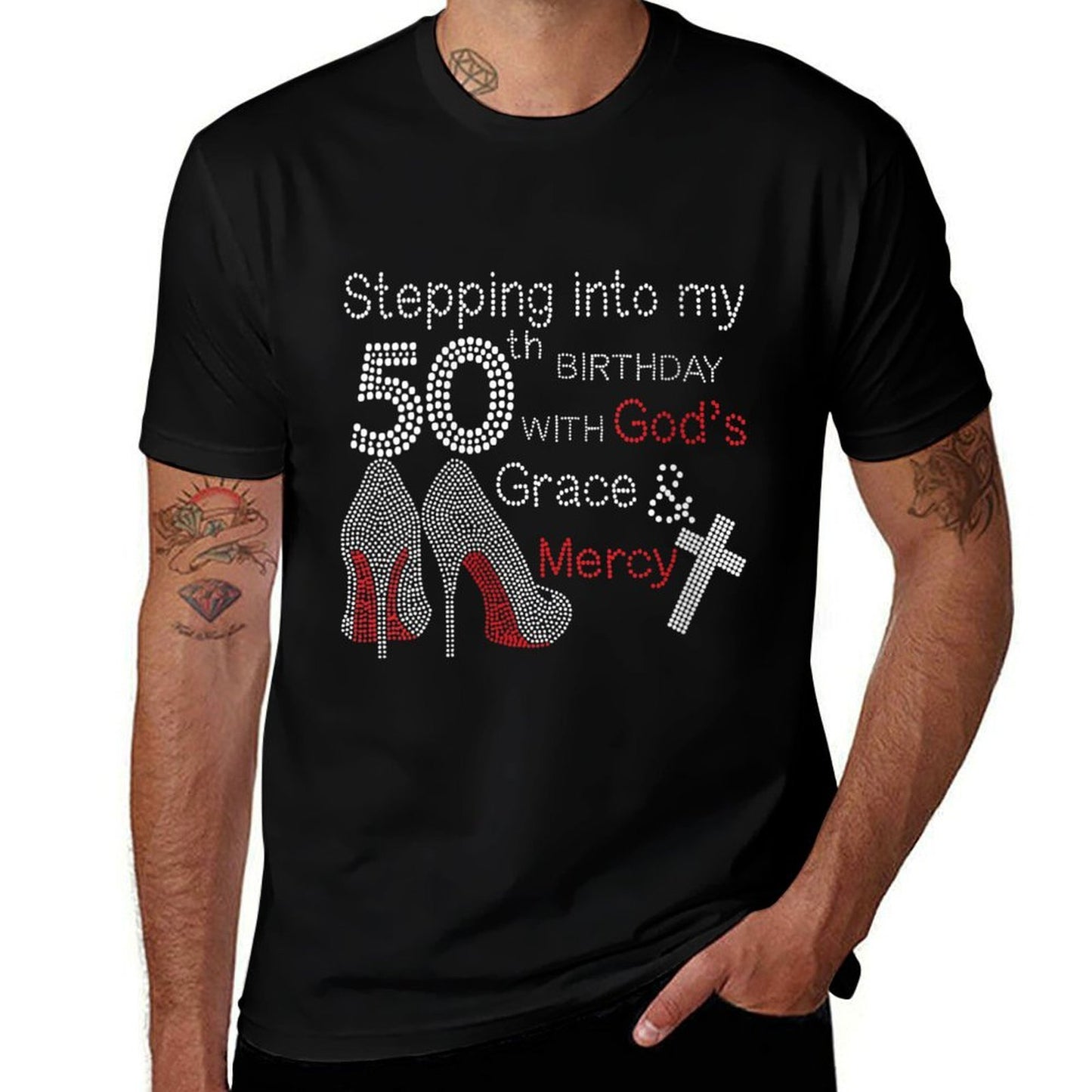 Womens Stepping Into My 50th Birthday With God's Grace And Mercy  Rolled Sleeves T-Shirt