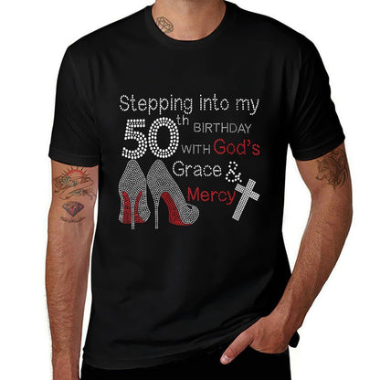 Womens Stepping Into My 50th Birthday With God's Grace And Mercy  Rolled Sleeves T-Shirt