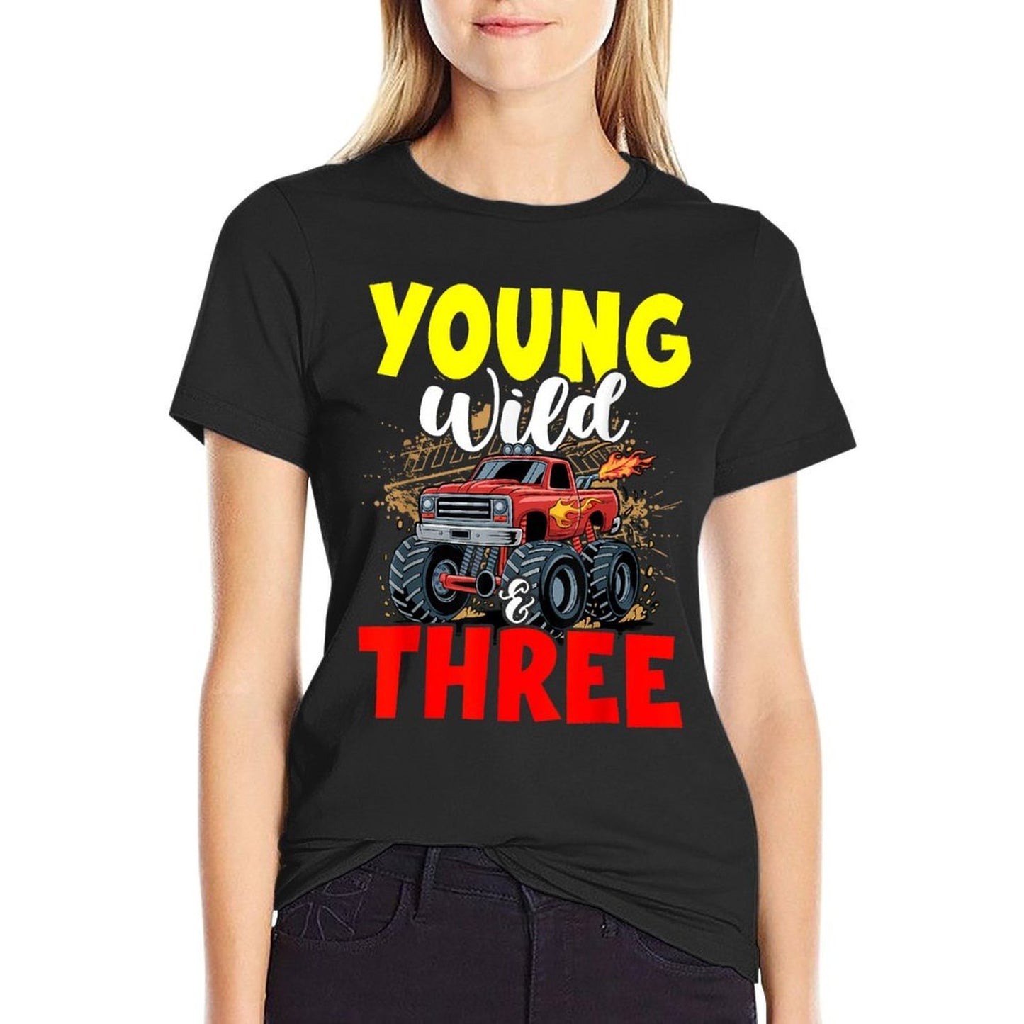 Kids Young Wild Three 3rd Birthday Boy Monster Truck 3 Years  Vintage-inspired T-Shirt
