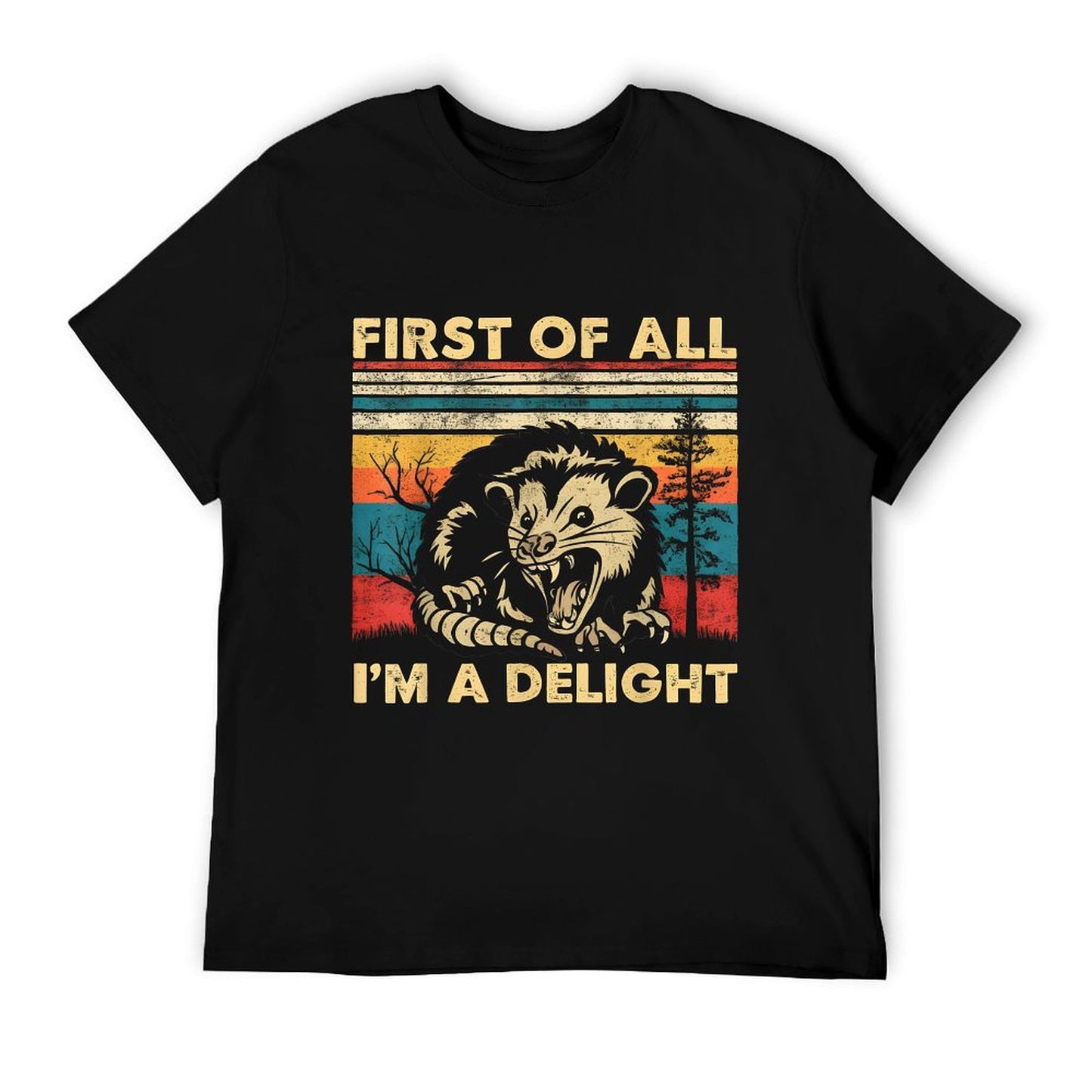 First Of All I'm A Delight Sarcastic Angry Opossum Possum, Small, Black Trendy Pattern T-Shirt