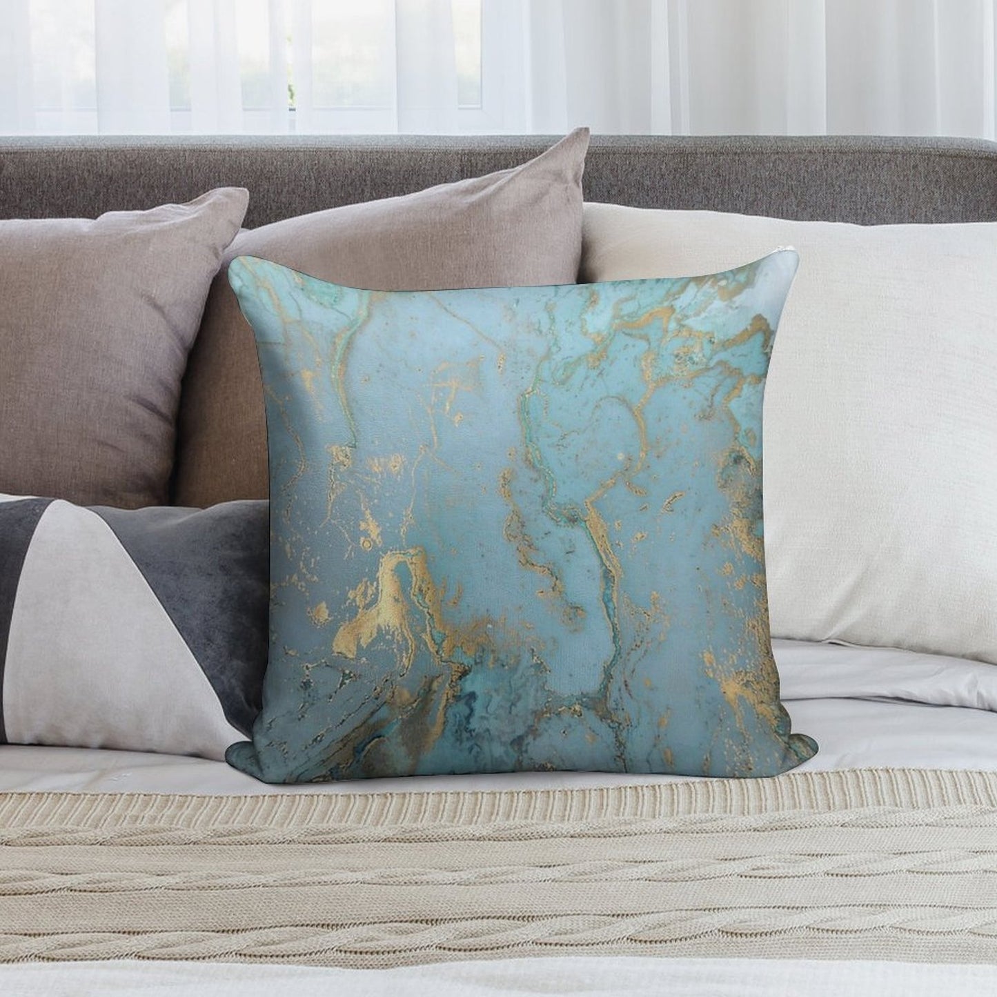Marble Design - Gold Effect - Turquoise Blue, Teal Marbling Soft Ultra-Soft Texture Throw Pillow