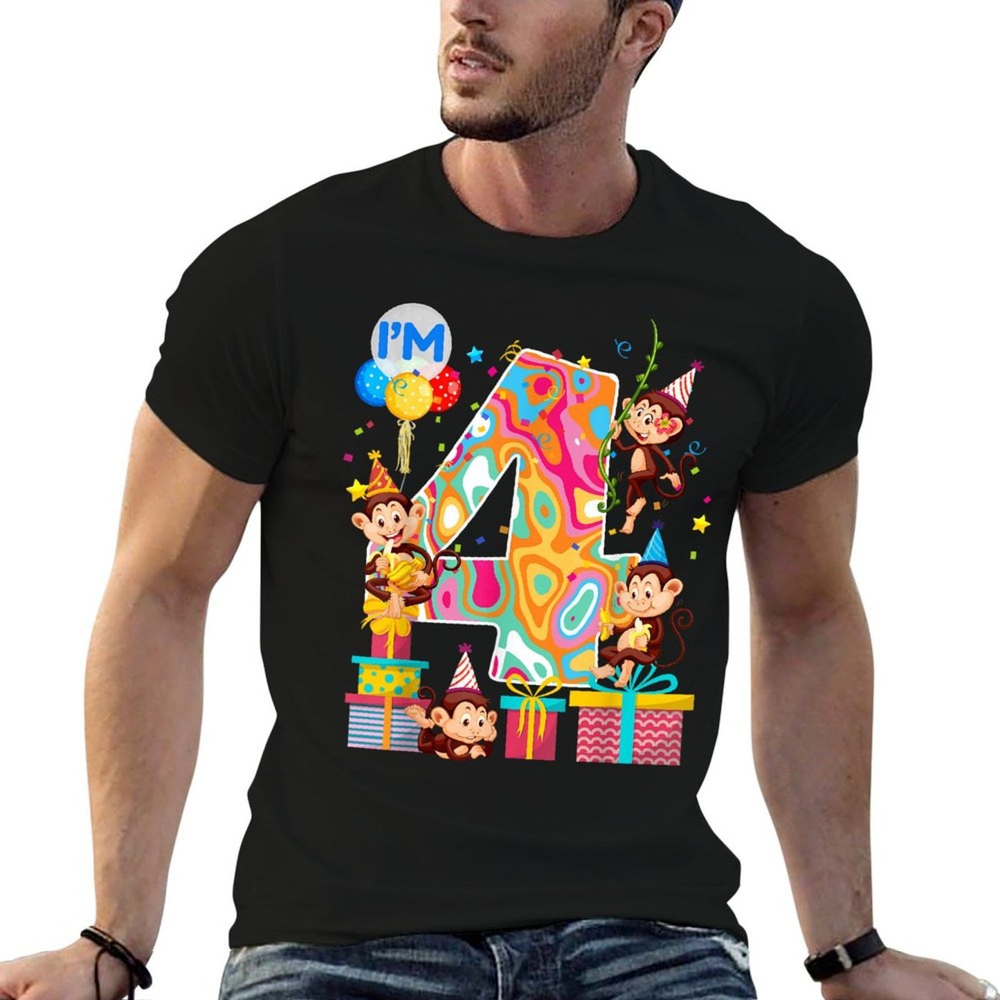 4th B-Day Monkey Birthday Zoo Animal 4 Year Old Funny  Tagless Design T-Shirt