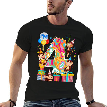 4th B-Day Monkey Birthday Zoo Animal 4 Year Old Funny  Tagless Design T-Shirt