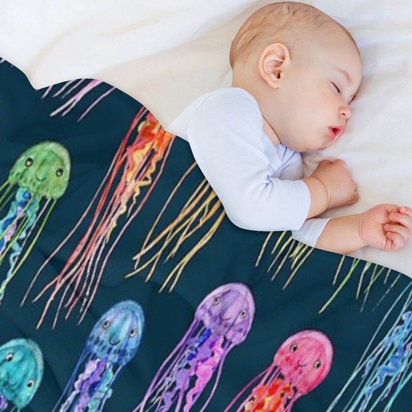 Rainbow Watercolor Jellies on Dark Teal Velvety-soft Throw Blanket