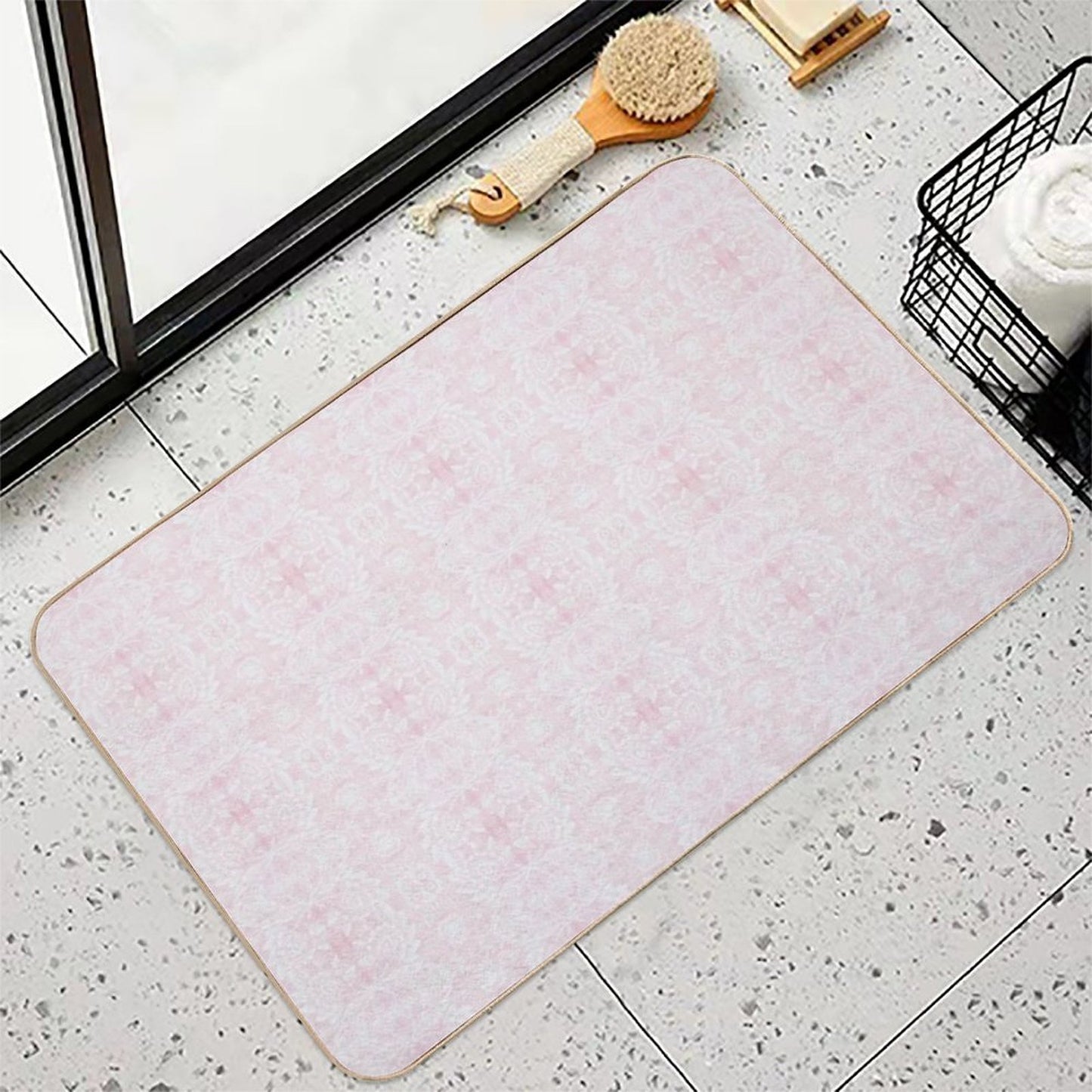 Paloma Faded Vintage Floral Damask in Light Pink And White  Stain-Proof Bath Mat