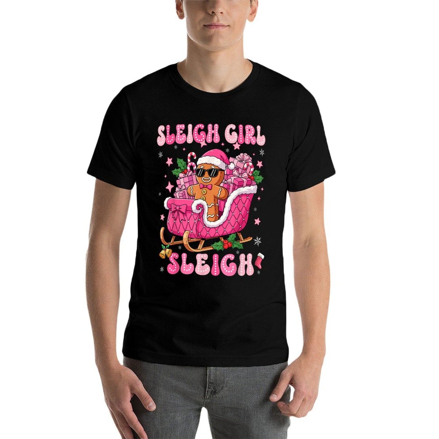 Groovy Pink Gingerbread Sleigh Coquette Bow Christmas Girl  Classic T-Shirt