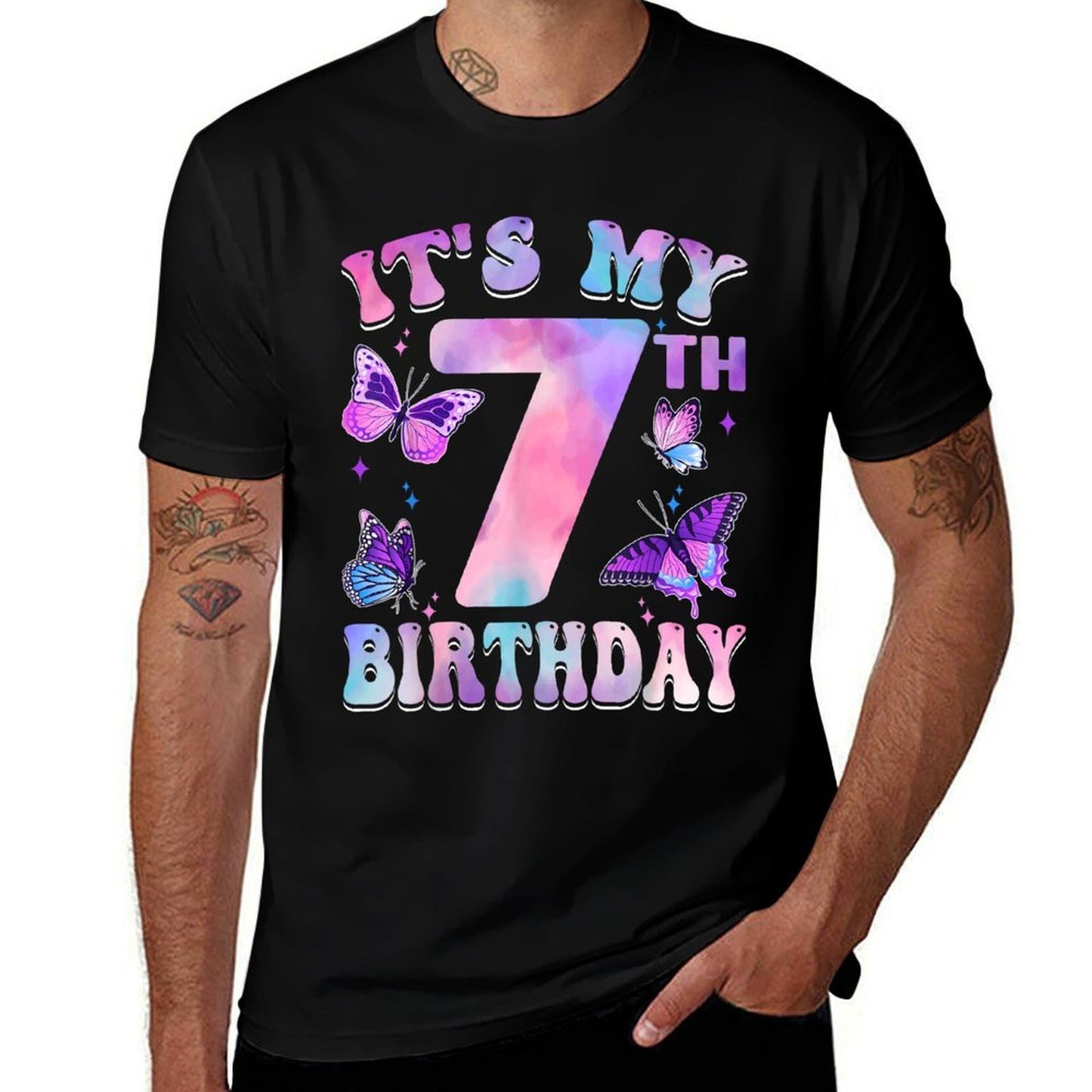 It's My 7th Birthday Butterfly Theme 7 Year Old Party Girl  Fade-proof Color T-Shirt