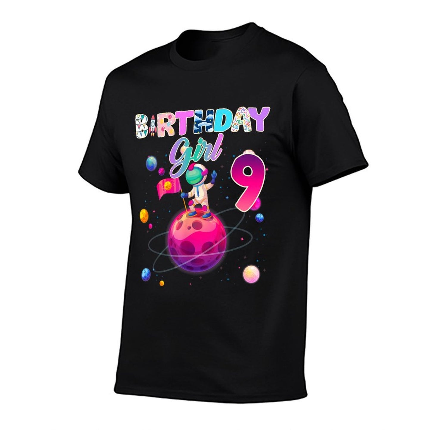 9th Space Birthday Girls Little Space Birthday Family Galaxy  Fade-proof Color T-Shirt