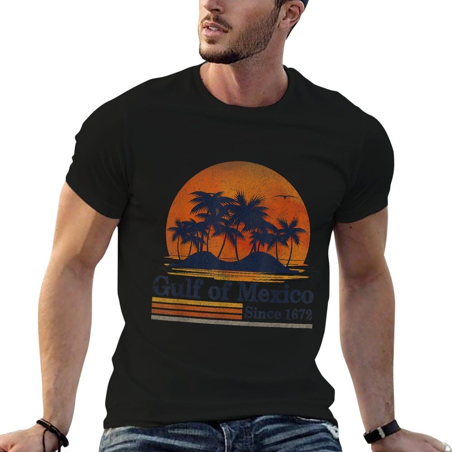 Retro Gulf of Mexico 1672 Beach Palms Summer Vacation  Fade-proof Color T-Shirt