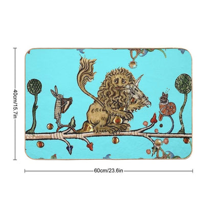 WEIRD MEDIEVAL BESTIARY MAKING MUSIC Violinist Lion,Hare,Snail Cat in Blue by Bulgan Lumini  Odorless Bath Mat