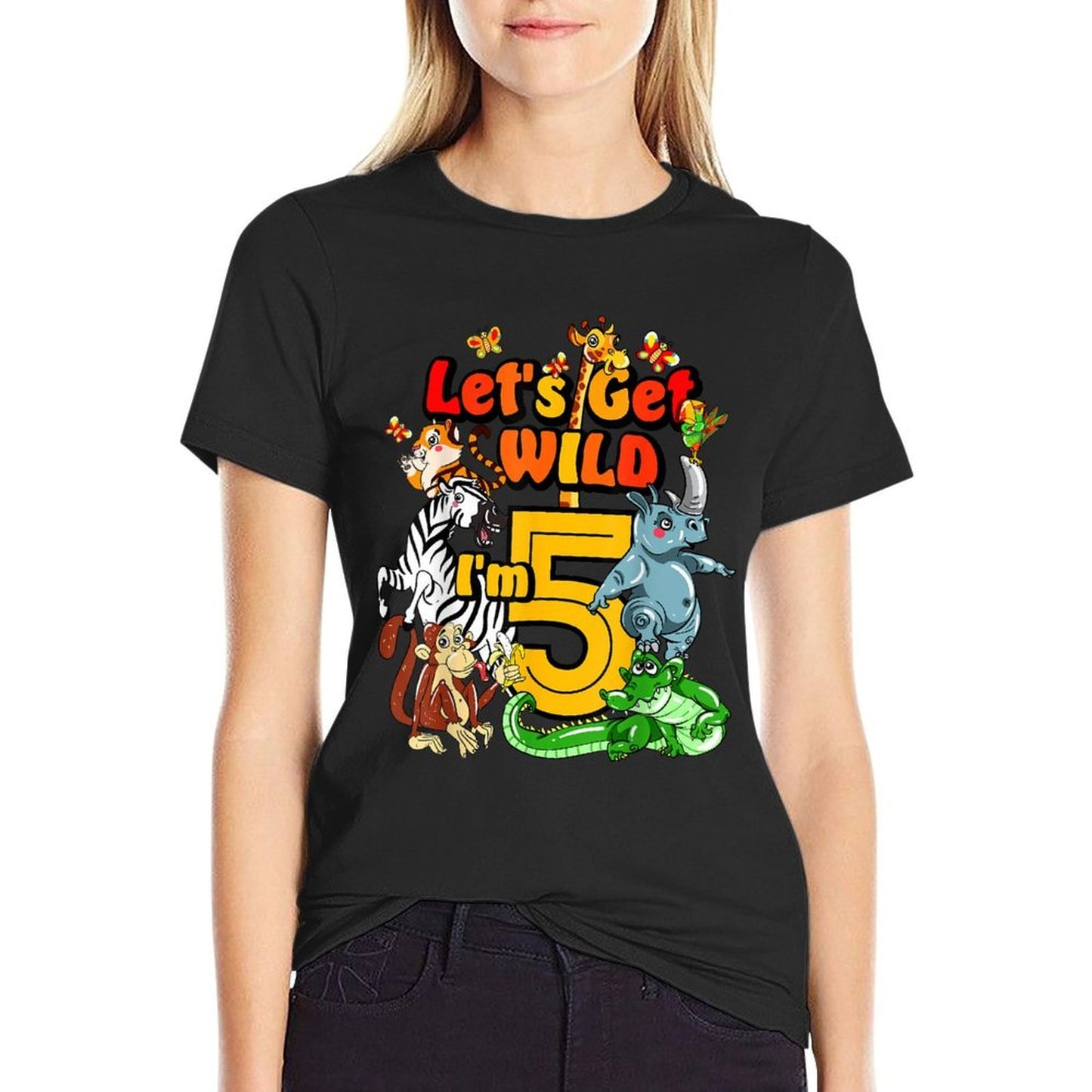 Kids 5 Year Old Zoo Birthday Safari Jungle Animal 5th  Summer-ready Fabric T-Shirt