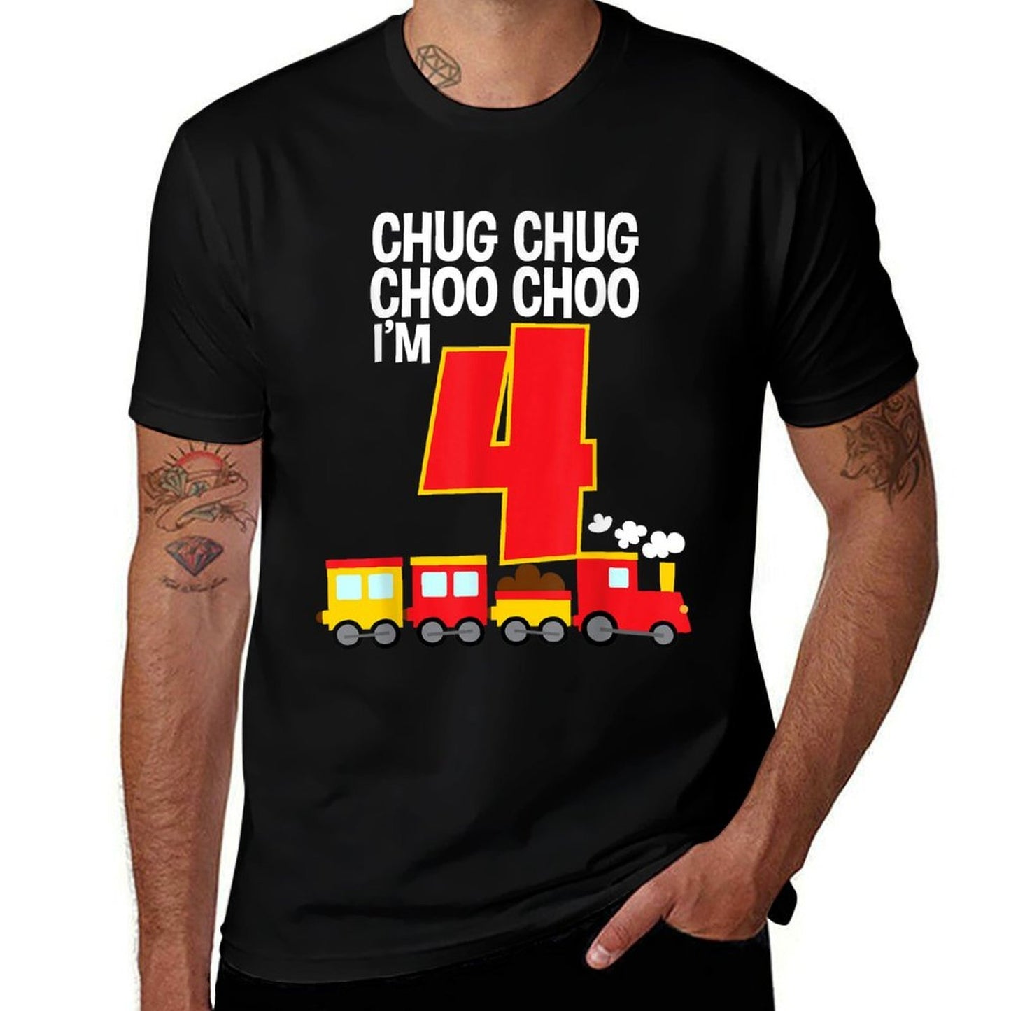 Chug Chug Choo Choo I'm 4 4th Birthday Train Party  Ribbed Collar T-Shirt