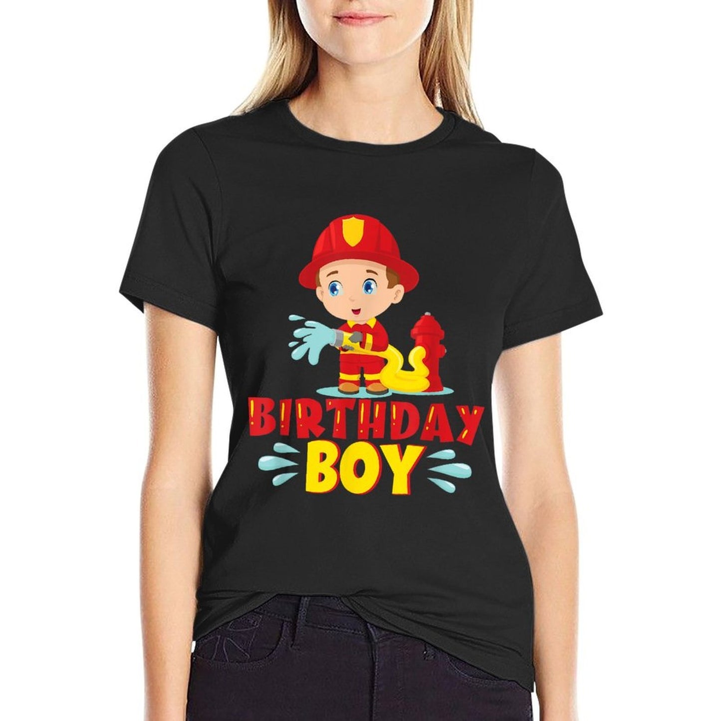 Fireman Birthday Boy Fire Truck Bday - Firefighter Birthday  Ribbed Collar T-Shirt