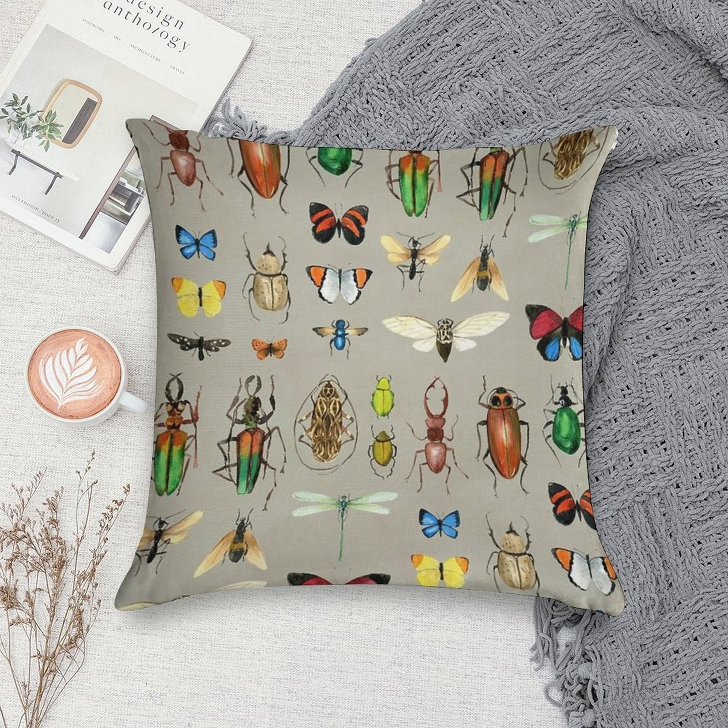 The Usual Suspects - Insects on Grey - Watercolour Bugs Pattern by Cecca Designs Soft High-Density Material Throw Pillow