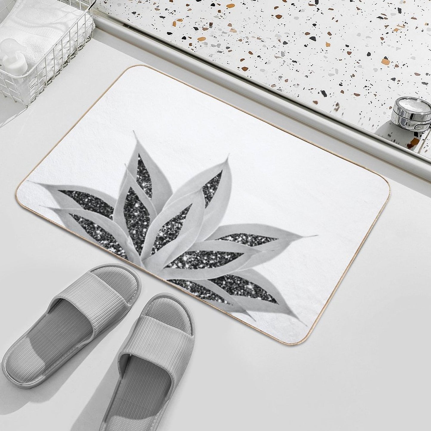 Gray Agave with Black Silver Glam #1 (Photo of Glitter Only - Not Reflective)  Slip-Resistant Bath Mat