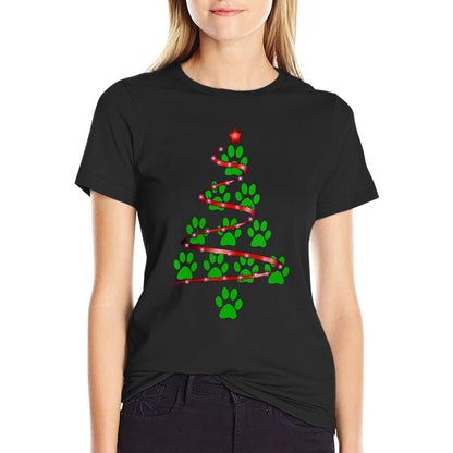 Womens Dog Paws Print Christmas Tree for Dog Lovers  Summer-ready Fabric T-Shirt