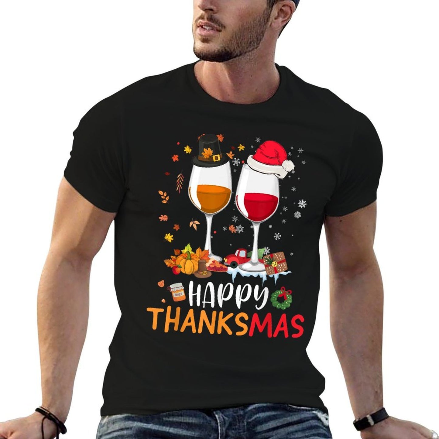 Happy Thanksmas Wine Funny Thanksgiving Christmas  Odor-resistant T-Shirt