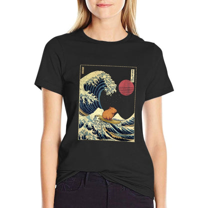 Capybara Japanese Kanagawa Wave Funny Surf Animal Rolled Sleeves T-Shirt