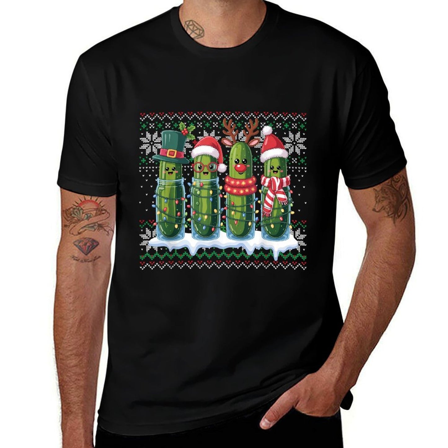 Funny Pickles Christmas Lights Santa Hat Xmas Ugly Sweater  Heathered Texture T-Shirt