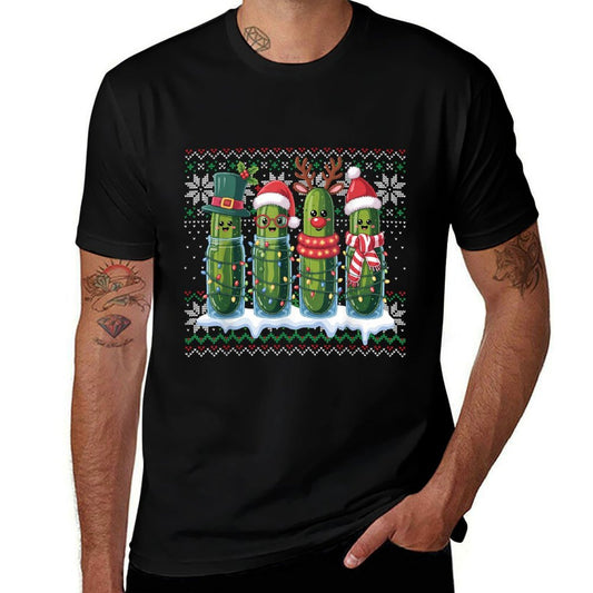 Funny Pickles Christmas Lights Santa Hat Xmas Ugly Sweater  Heathered Texture T-Shirt