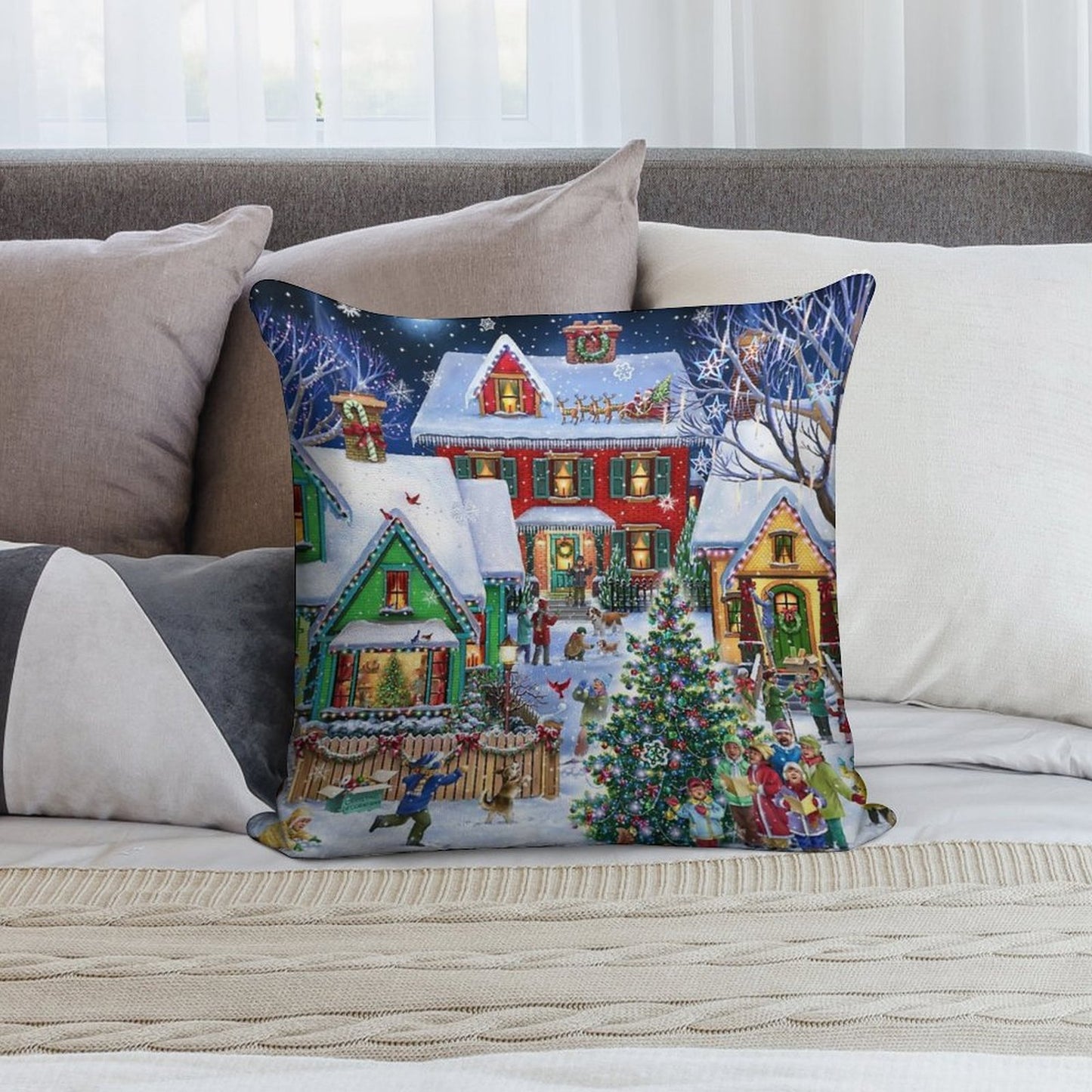 Colorful Winter Houses Soft Durable Construction Throw Pillow