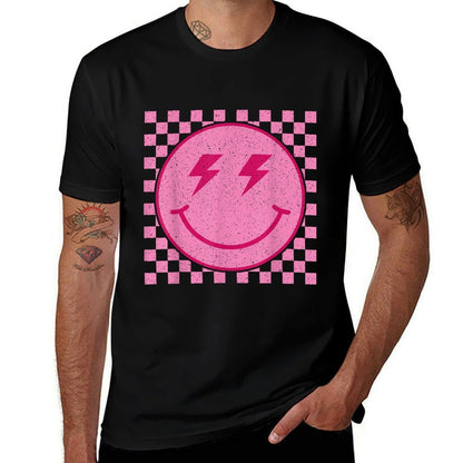 Retro Pink Happy Face Checkered Pattern Smile Face Trendy  Slim-fit Cut T-Shirt
