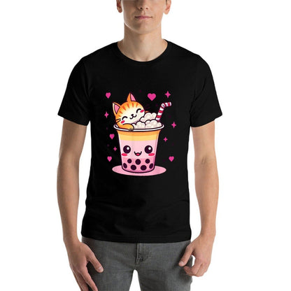 Funny Cat Boba Tea Cute Cat Anime With Bubble Tea Lover  Polyester Blend T-Shirt