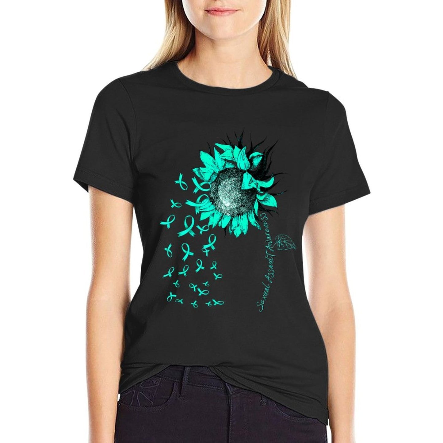 SEXUAL ASSAULT AWARENESS Sunflower Teal Ribbon  Tagless Design T-Shirt
