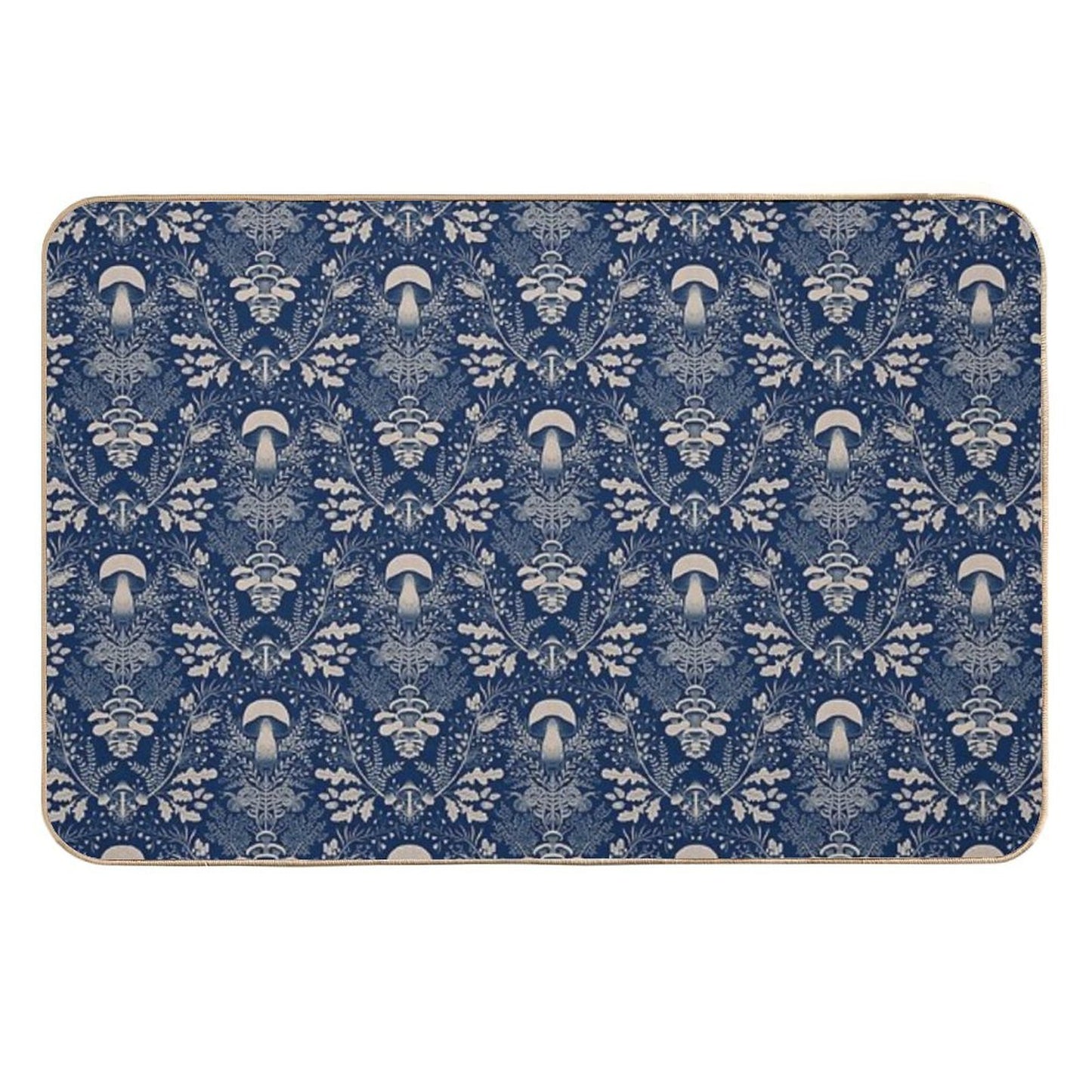 Mushrooms Forest Damask Navy Blue Beige  Pet-Safe Bath Mat