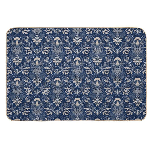 Mushrooms Forest Damask Navy Blue Beige  Pet-Safe Bath Mat