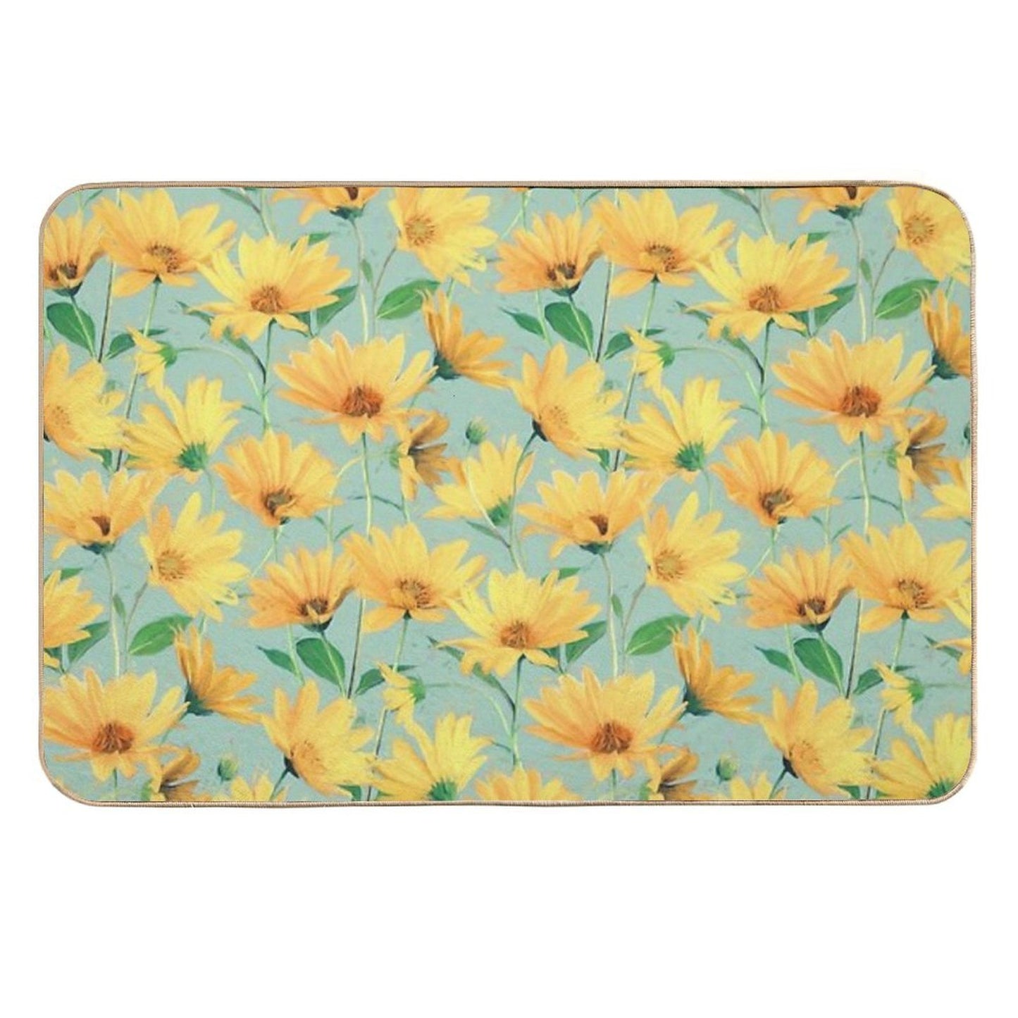 Painted Golden Yellow Daisies on Soft Sage Green  Long-Lasting Bath Mat